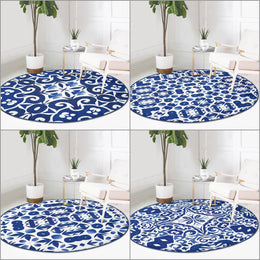 Tile Pattern Round Rug|Geometric Circle Rug|Blue White Non-Slip Round Carpet|Modern Abstract Area Rug|Decorative Multi-Purpose Area Mat