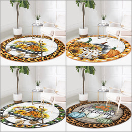 Fall Trend Round Rug|Non-Slip Round Carpet|Orange White Turquoise Pumpkin Circle Rug|Decorative Area Rug|Housewarming Autumn Floor Decor