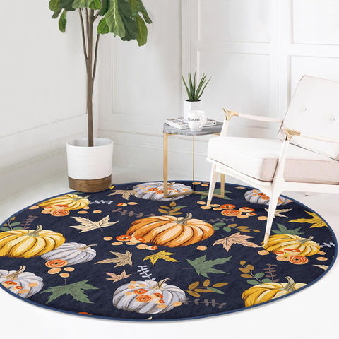 Fall Trend Round Rug|Non-Slip Round Carpet|Floral Orange and Gray Pumpkin Circle Rug|Decorative Area Rug|Housewarming Autumn Floor Decor
