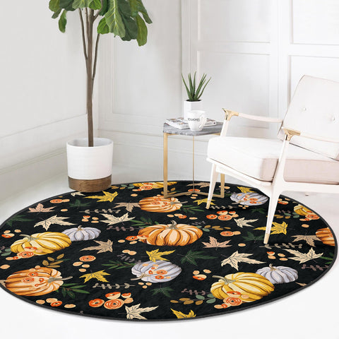 Fall Trend Round Rug|Non-Slip Round Carpet|Floral Orange and Gray Pumpkin Circle Rug|Decorative Area Rug|Housewarming Autumn Floor Decor
