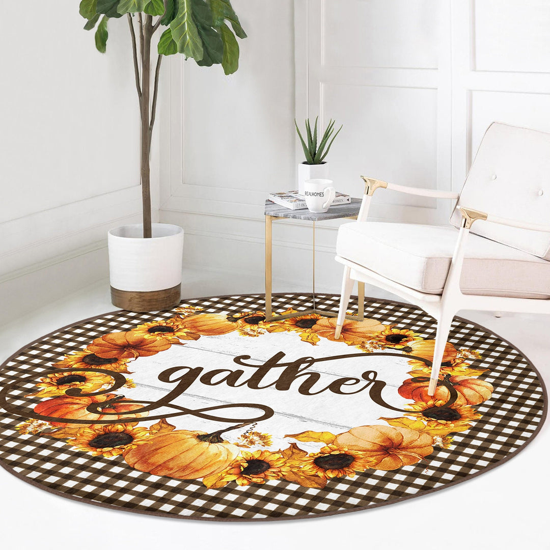 Thanksgiving Round Rug|Non-Slip Round Carpet|Floral Orange Green Gray Pumpkin Circle Rug|Gather Print Rug|Housewarming Autumn Floor Decor