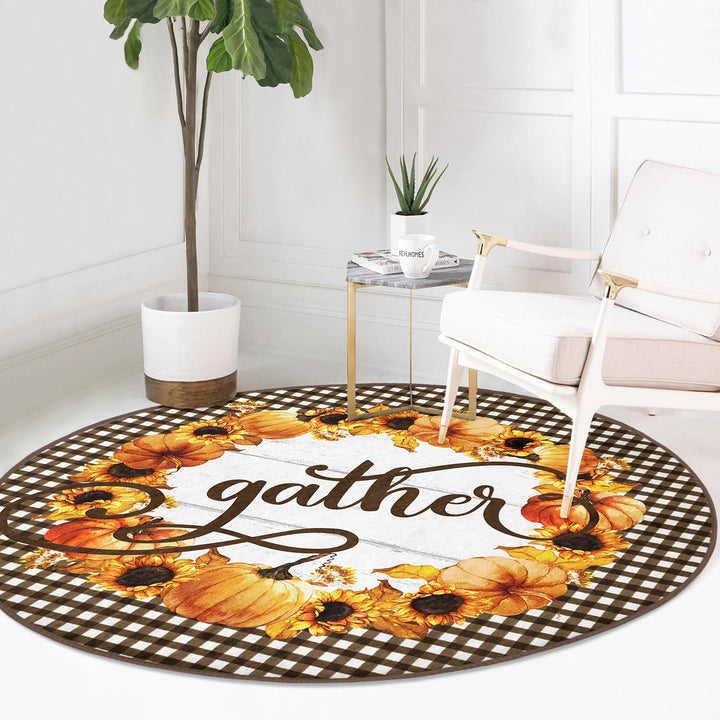 Thanksgiving Round Rug|Non-Slip Round Carpet|Floral Orange Green Gray Pumpkin Circle Rug|Gather Print Rug|Housewarming Autumn Floor Decor