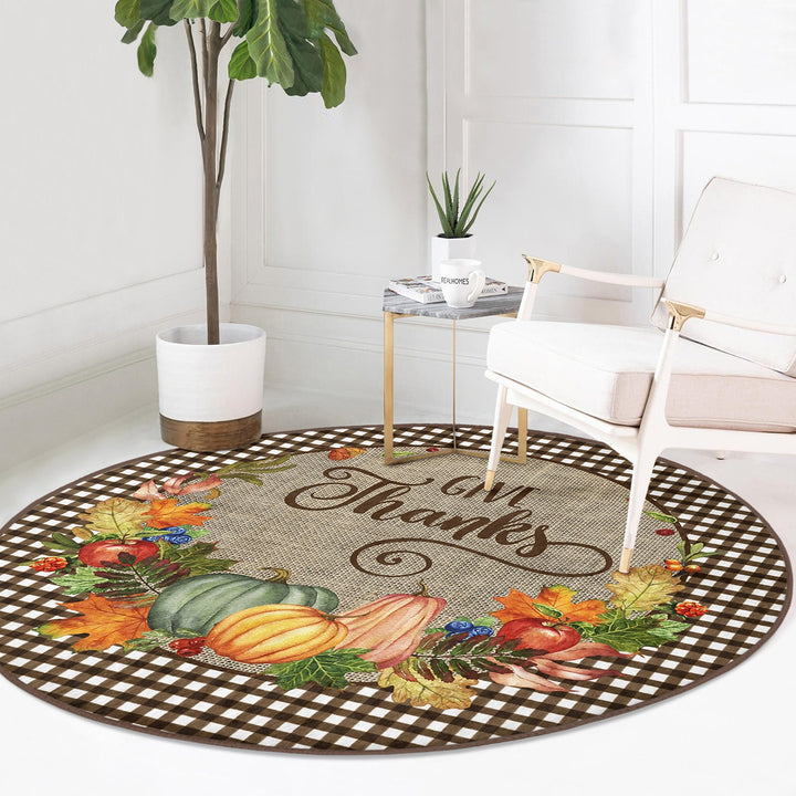 Thanksgiving Round Rug|Non-Slip Round Carpet|Floral Orange Green Gray Pumpkin Circle Rug|Gather Print Rug|Housewarming Autumn Floor Decor