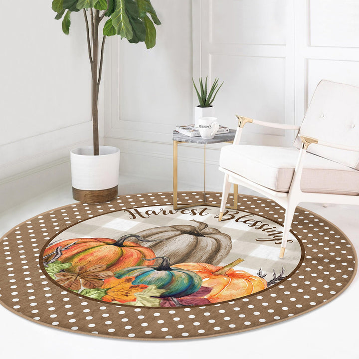 Thanksgiving Round Rug|Non-Slip Round Carpet|Floral Orange Green Gray Pumpkin Circle Rug|Gather Print Rug|Housewarming Autumn Floor Decor