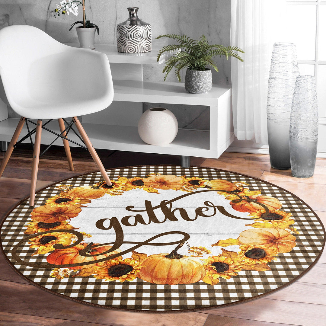Thanksgiving Round Rug|Non-Slip Round Carpet|Floral Orange Green Gray Pumpkin Circle Rug|Gather Print Rug|Housewarming Autumn Floor Decor