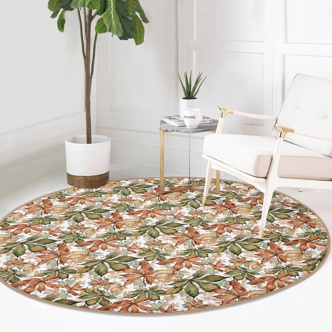 Fall Trend Round Rug|Non-Slip Round Carpet|Autumn Dry Leaves Print Circle Rug|Decorative Farmhouse Area Rug|Housewarming Autumn Floor Decor