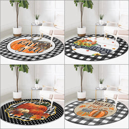 Happy Fall Round Rug|Non-Slip Round Carpet|Black White Geometric Fall Circle Rug|Decorative Pumpkin Print Rug|Housewarming Autumn Home Decor