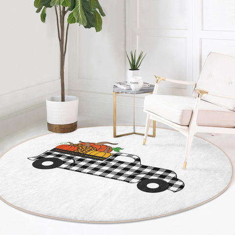 Fall Trend Round Rug|Non-Slip Round Carpet|Black White Checkered Pumpkin Print Circle Rug|Pumpkin and Sunflower Rug|Farmhouse Style Carpet