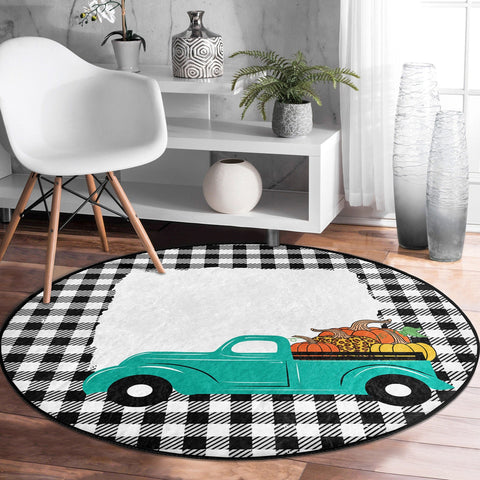 Fall Trend Round Rug|Non-Slip Round Carpet|Black White Checkered Pumpkin Print Circle Rug|Pumpkin and Sunflower Rug|Farmhouse Style Carpet