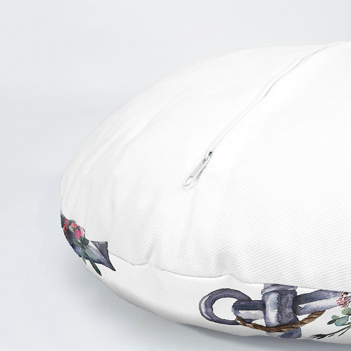 Set of 4 Nautical Round Pillow Case|Floral Anchor and Wheel Circle Pillow Top|Decorative Beach House Cushion|Flowers with Anchor Wheel Decor