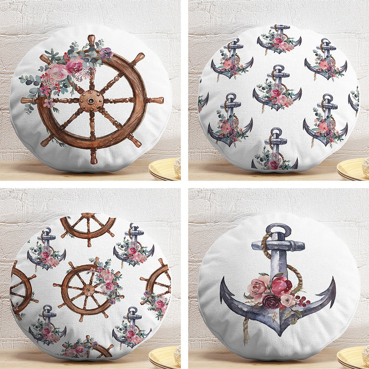 Set of 4 Nautical Round Pillow Case|Floral Anchor and Wheel Circle Pillow Top|Decorative Beach House Cushion|Flowers with Anchor Wheel Decor