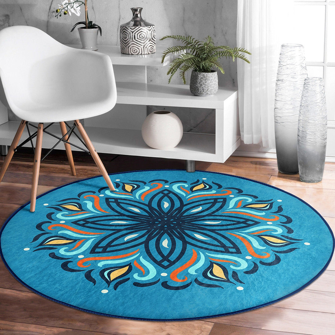 Tile Pattern Round Rug|Non-Slip Round Carpet|Geometric Design Circle Carpet|Black Turquoise Rug|Modern Home Decor|Multi-Purpose Area Mat
