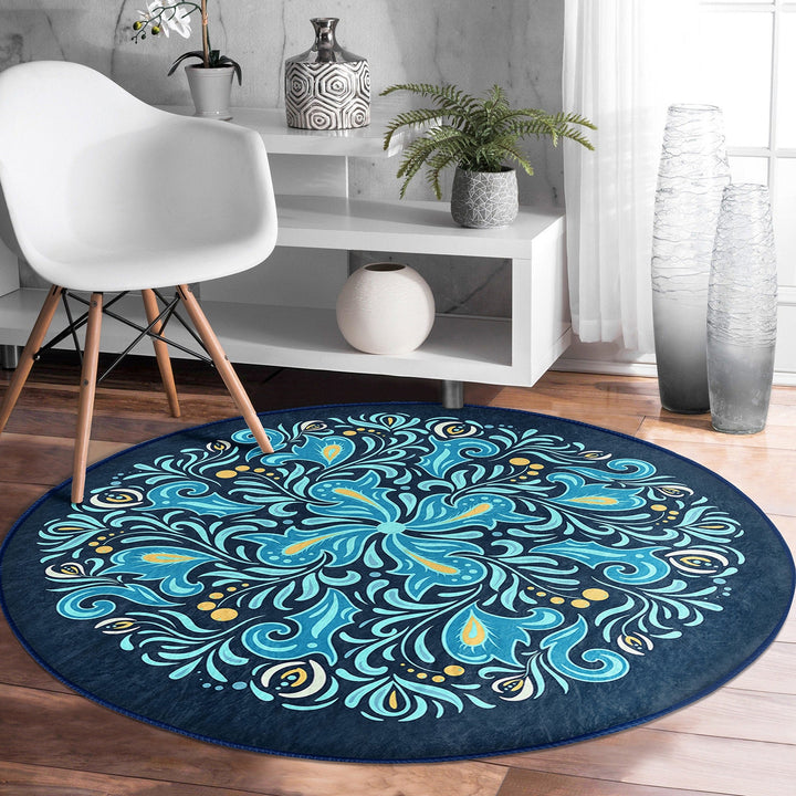 Tile Pattern Round Rug|Non-Slip Round Carpet|Geometric Design Circle Carpet|Black Turquoise Rug|Modern Home Decor|Multi-Purpose Area Mat