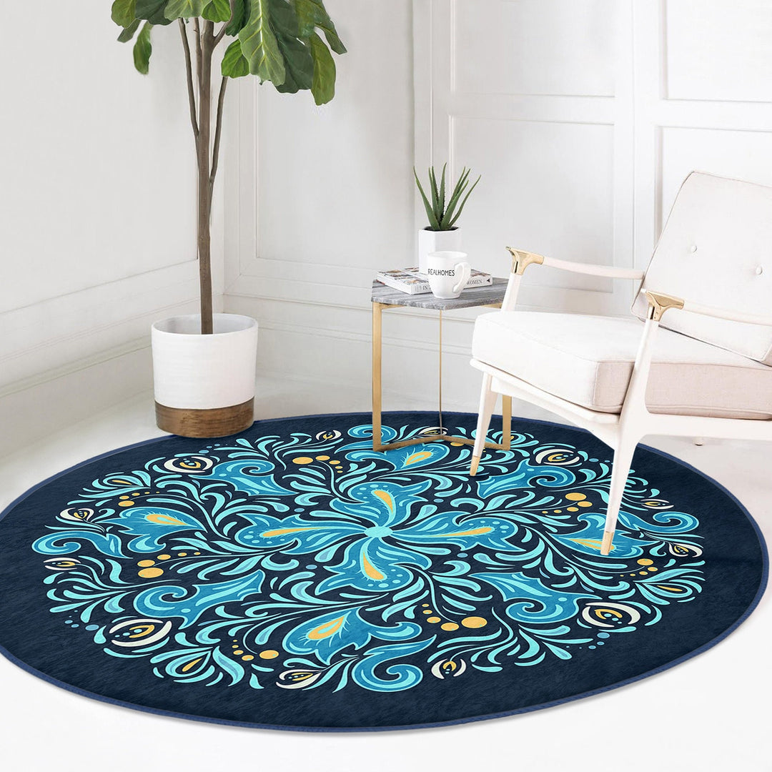 Tile Pattern Round Rug|Non-Slip Round Carpet|Geometric Design Circle Carpet|Black Turquoise Rug|Modern Home Decor|Multi-Purpose Area Mat