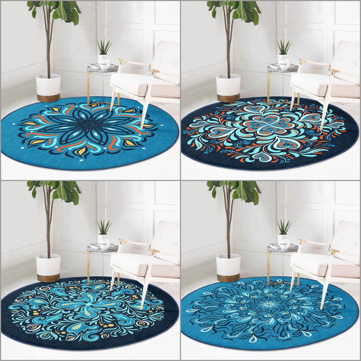 Tile Pattern Round Rug|Non-Slip Round Carpet|Geometric Design Circle Carpet|Black Turquoise Rug|Modern Home Decor|Multi-Purpose Area Mat