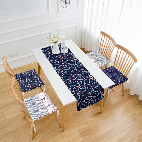 Set of 4 Puffy Chair Pads and 1 Table Runner|Anchor and Sailor Rope Print Chair Cushion and Tabletop Set|Navy Marine Seat Pad and Tablecloth