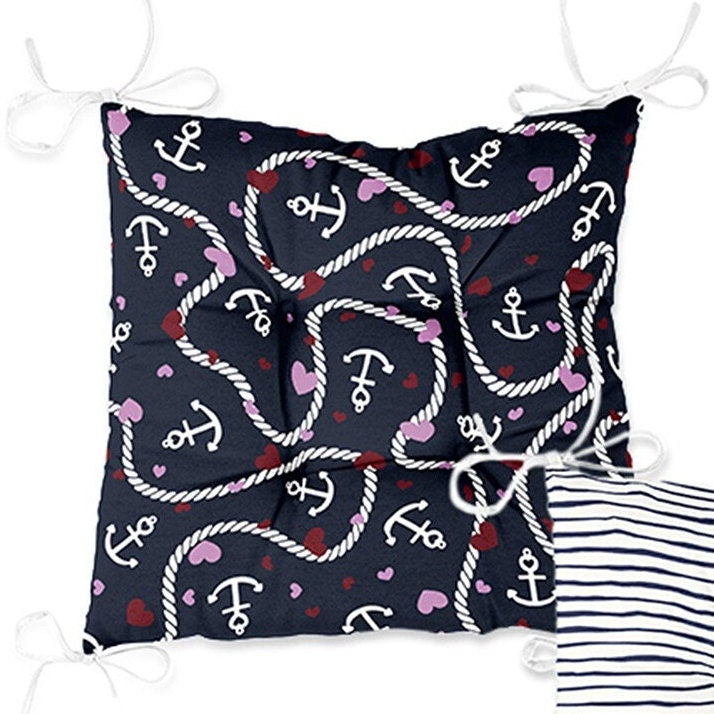 Set of 4 Puffy Chair Pads and 1 Table Runner|Anchor and Sailor Rope Print Chair Cushion and Tabletop Set|Navy Marine Seat Pad and Tablecloth
