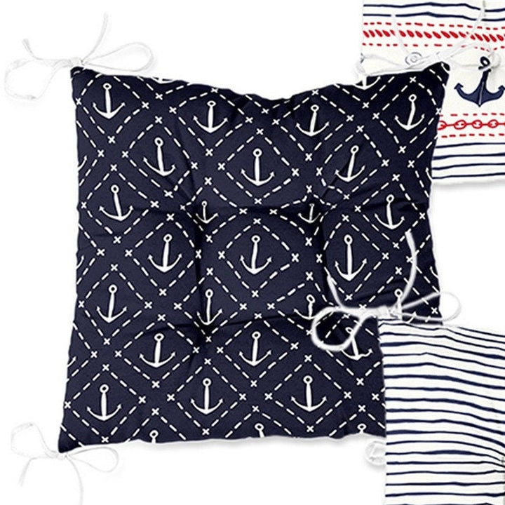 Set of 4 Puffy Chair Pads and 1 Table Runner|Anchor and Sailor Rope Print Chair Cushion and Tabletop Set|Navy Marine Seat Pad and Tablecloth