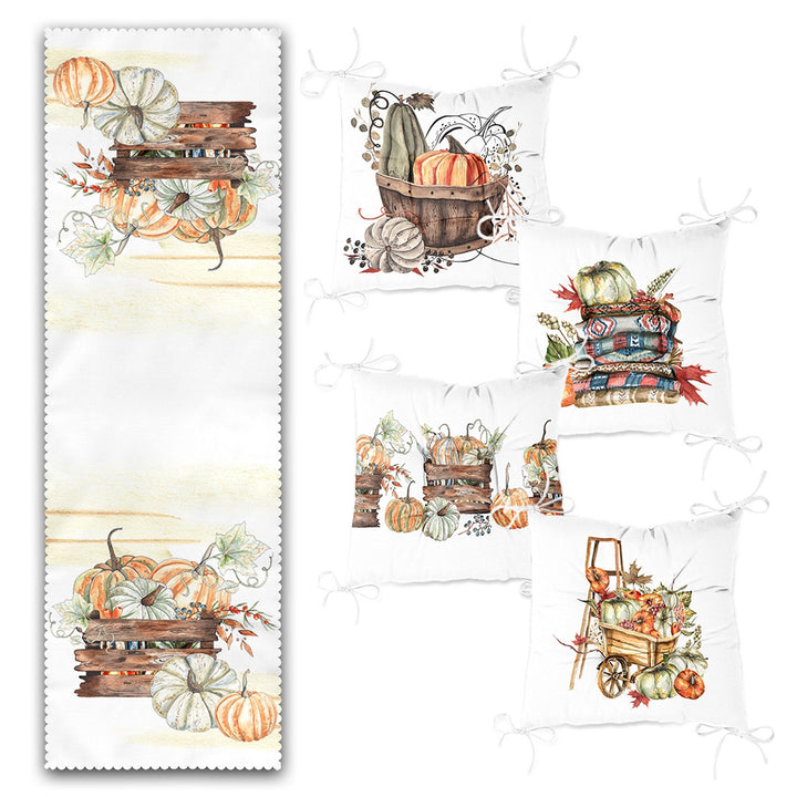 Set of 4 Puffy Chair Pads and 1 Table Runner|Fall Trend Chair Cushion and Tabletop Set|Orange Green Gray Pumpkin Seat Pad and Tablecloth