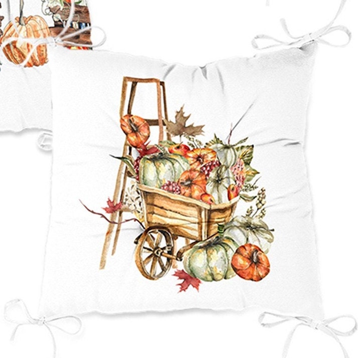 Set of 4 Puffy Chair Pads and 1 Table Runner|Fall Trend Chair Cushion and Tabletop Set|Orange Green Gray Pumpkin Seat Pad and Tablecloth