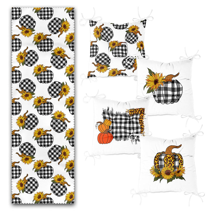 Set of 4 Puffy Chair Pads and 1 Table Runner|Checkered Black White Pumpkin Seat Pad and Tablecloth|Fall Trend Chair Cushion and Tabletop Set