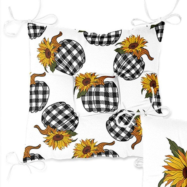 Set of 4 Puffy Chair Pads and 1 Table Runner|Checkered Black White Pumpkin Seat Pad and Tablecloth|Fall Trend Chair Cushion and Tabletop Set