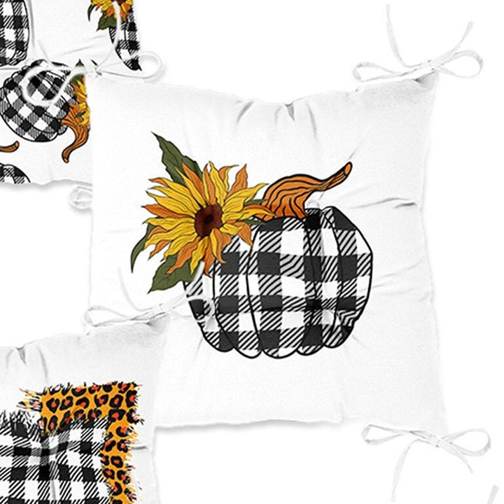 Set of 4 Puffy Chair Pads and 1 Table Runner|Checkered Black White Pumpkin Seat Pad and Tablecloth|Fall Trend Chair Cushion and Tabletop Set