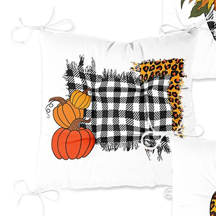 Set of 4 Puffy Chair Pads and 1 Table Runner|Checkered Black White Pumpkin Seat Pad and Tablecloth|Fall Trend Chair Cushion and Tabletop Set