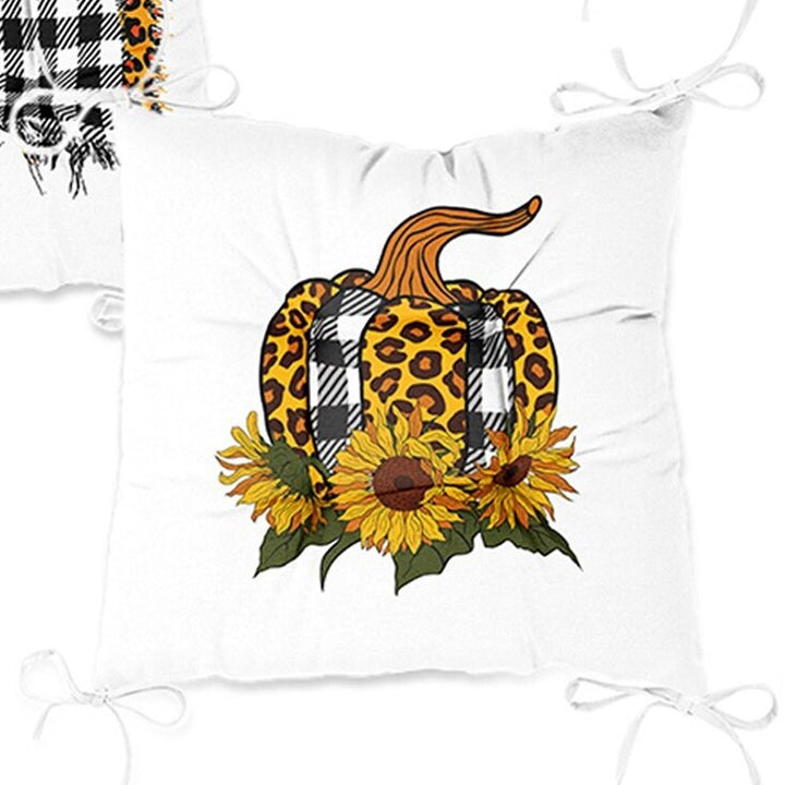 Set of 4 Puffy Chair Pads and 1 Table Runner|Checkered Black White Pumpkin Seat Pad and Tablecloth|Fall Trend Chair Cushion and Tabletop Set