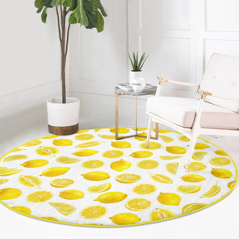Lemon Round Rug|Non-Slip Round Carpet|Farmhouse Fresh Citrus Circle Rug|Floral Lemon with Green Leaves Area Rug|Housewarming Home Decor