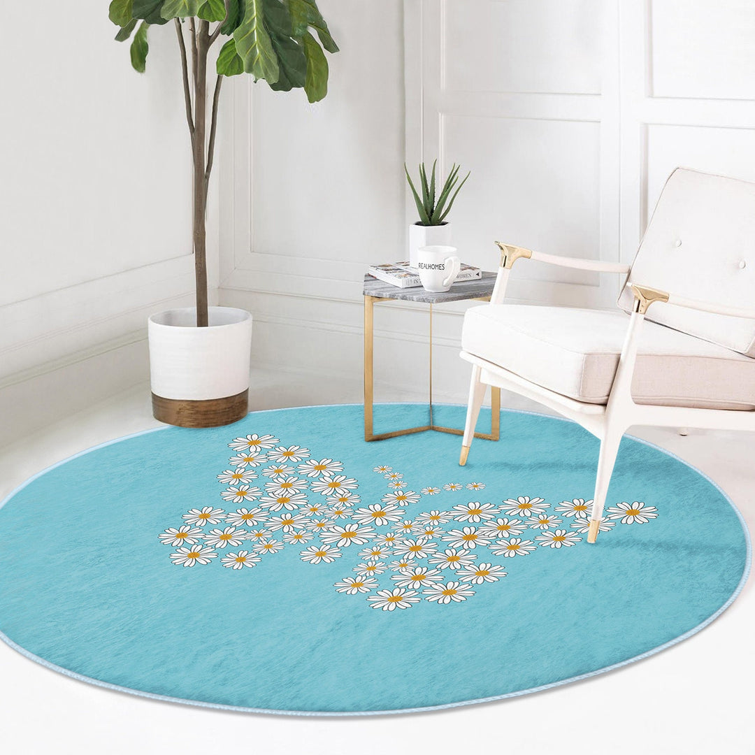 Butterfly Round Rug|Non-Slip Round Carpet|Floral Circle Carpet with Daisy Pattern|Decorative Farmhouse Area Rug|Housewarming Floor Decor