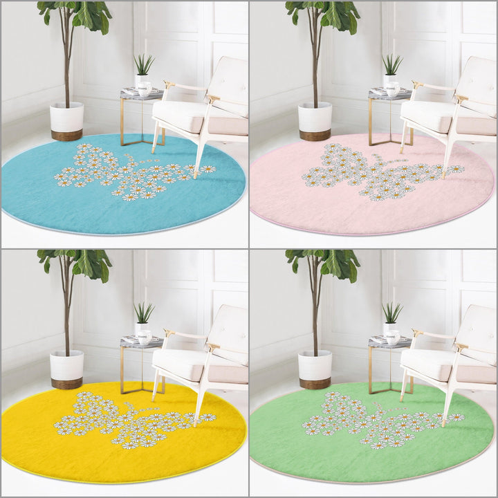 Butterfly Round Rug|Non-Slip Round Carpet|Floral Circle Carpet with Daisy Pattern|Decorative Farmhouse Area Rug|Housewarming Floor Decor
