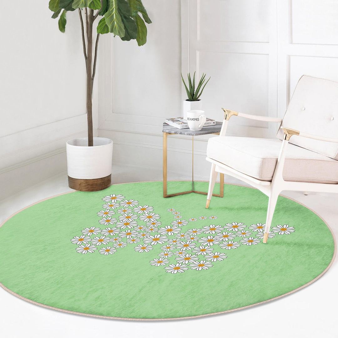 Butterfly Round Rug|Non-Slip Round Carpet|Floral Circle Carpet with Daisy Pattern|Decorative Farmhouse Area Rug|Housewarming Floor Decor