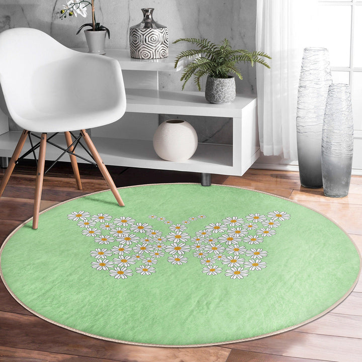 Butterfly Round Rug|Non-Slip Round Carpet|Floral Circle Carpet with Daisy Pattern|Decorative Farmhouse Area Rug|Housewarming Floor Decor