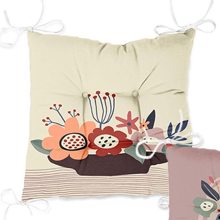 Set of 4 Puffy Chair Pads and 1 Table Runner|Abstract Floral Chair Cushion and Tabletop Set|Flowers with Pots Print Seat Pad and Tablecloth