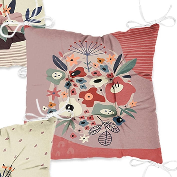 Set of 4 Puffy Chair Pads and 1 Table Runner|Abstract Floral Chair Cushion and Tabletop Set|Flowers with Pots Print Seat Pad and Tablecloth