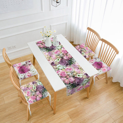 Set of 4 Puffy Chair Pads and 1 Table Runner|Purple Pink Rose Print Floral Chair Cushion and Tabletop Set|Decorative Seat Pad and Tablecloth