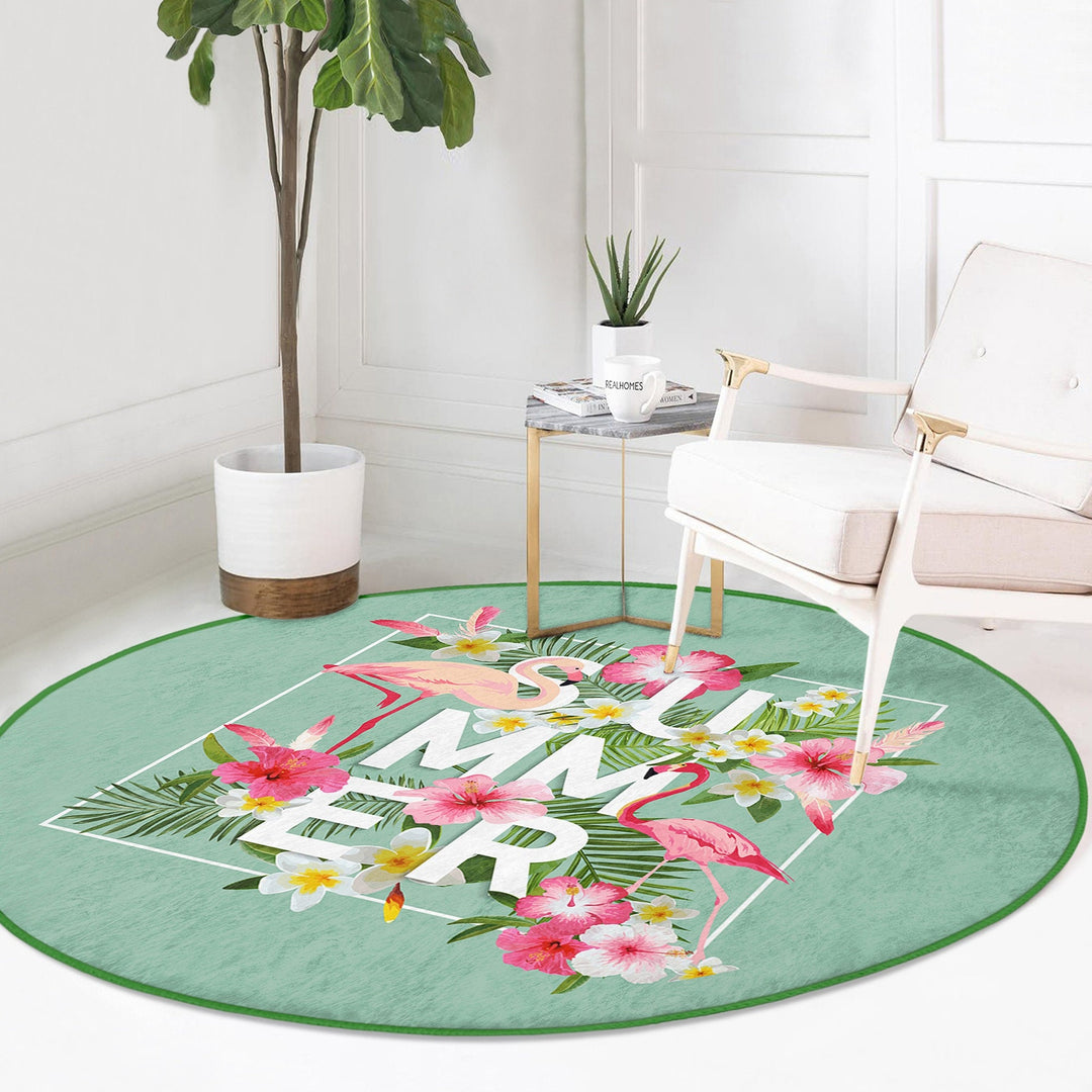 Flamingo Round Rug|Non-Slip Round Carpet|Floral Flamingo and Tropical Leaves Circle Carpet|Decorative Farmhouse Area Rug|Summer Trend Decor
