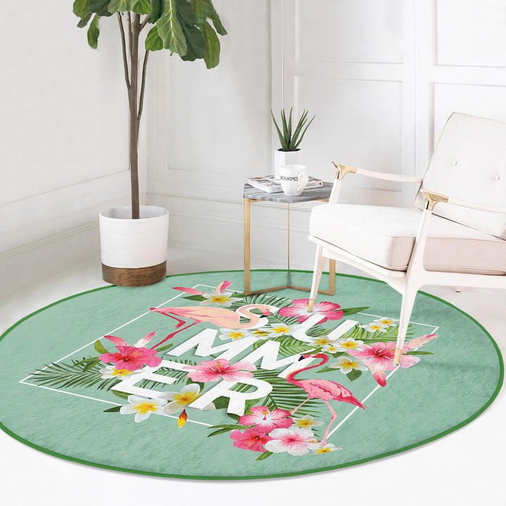Flamingo Round Rug|Non-Slip Round Carpet|Floral Flamingo and Tropical Leaves Circle Carpet|Decorative Farmhouse Area Rug|Summer Trend Decor