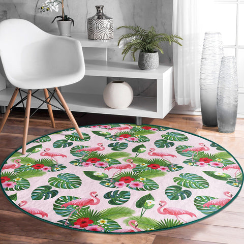 Flamingo Round Rug|Non-Slip Round Carpet|Floral Flamingo and Tropical Leaves Circle Carpet|Decorative Farmhouse Area Rug|Summer Trend Decor
