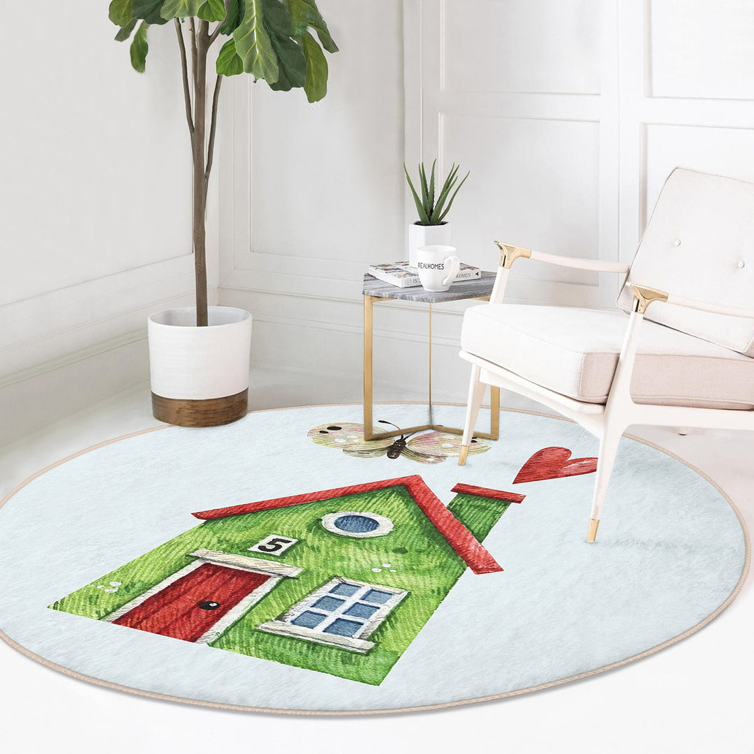 House Print Round Rug|Non-Slip Round Carpet|Colorful Home Pattern Circle Carpet|Decorative Farmhouse Area Rug|Housewarming Floor Decor