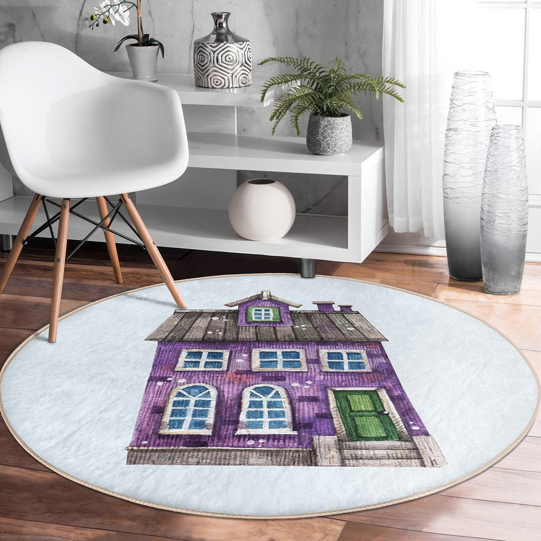 House Print Round Rug|Non-Slip Round Carpet|Colorful Home Pattern Circle Carpet|Decorative Farmhouse Area Rug|Housewarming Floor Decor