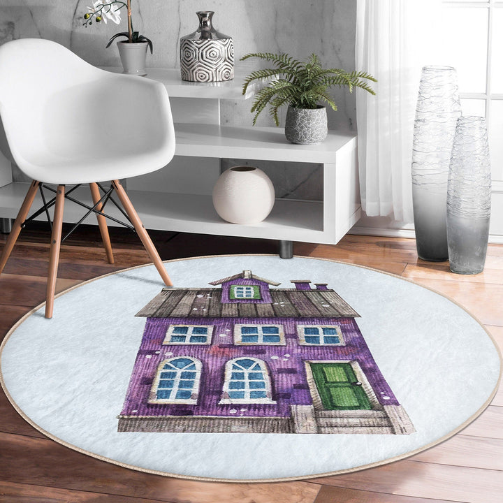 House Print Round Rug|Non-Slip Round Carpet|Colorful Home Pattern Circle Carpet|Decorative Farmhouse Area Rug|Housewarming Floor Decor