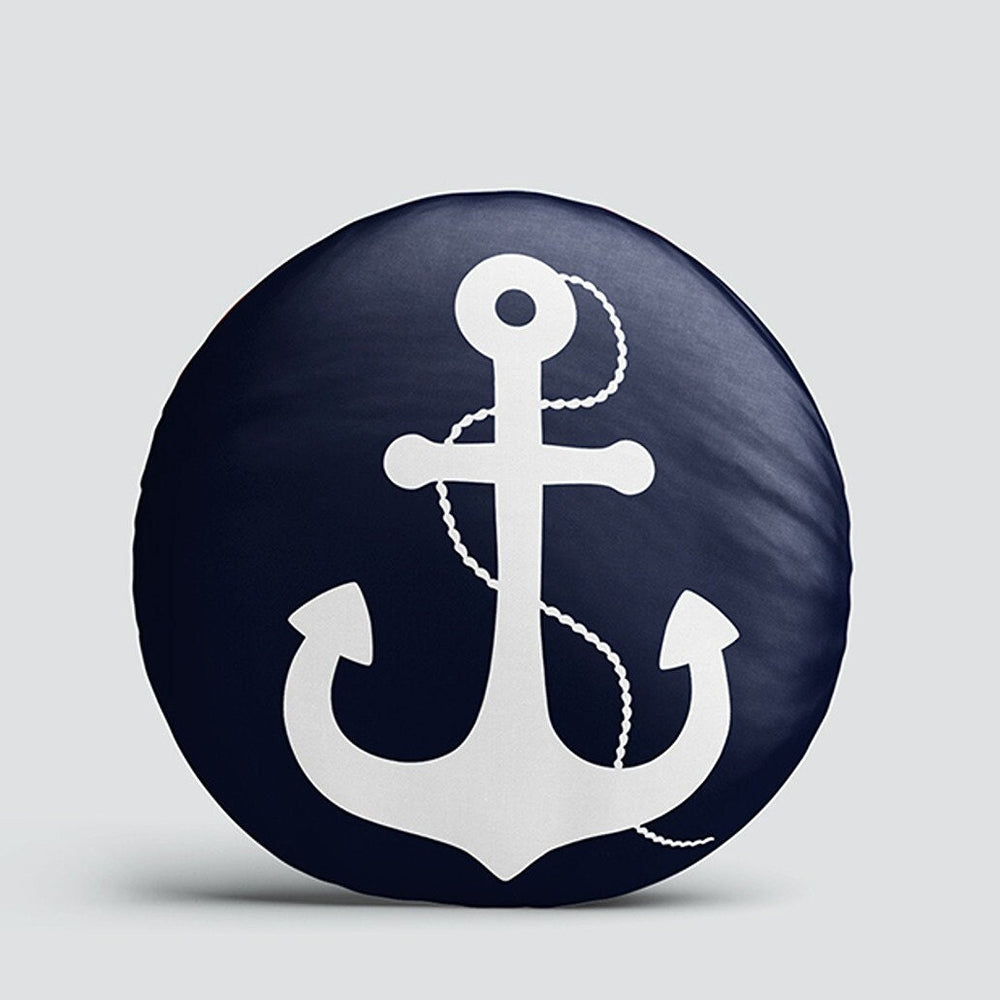 Set of 4 Nautical Round Pillow Case|Navy Blue Anchor Compass Wheel Boat Circle Pillowtop|Decorative Beach House Cushion|Round Cushion Cover