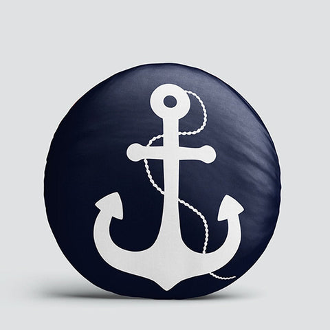 Set of 4 Nautical Round Pillow Case|Navy Blue Anchor Compass Wheel Boat Circle Pillowtop|Decorative Beach House Cushion|Round Cushion Cover