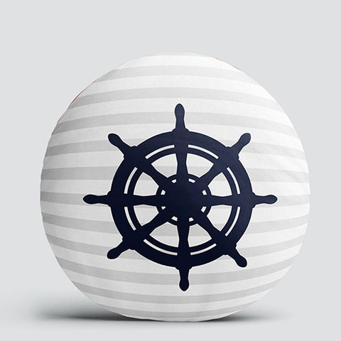Set of 4 Nautical Round Pillow Case|Navy Blue Anchor Compass Wheel Boat Circle Pillowtop|Decorative Beach House Cushion|Round Cushion Cover