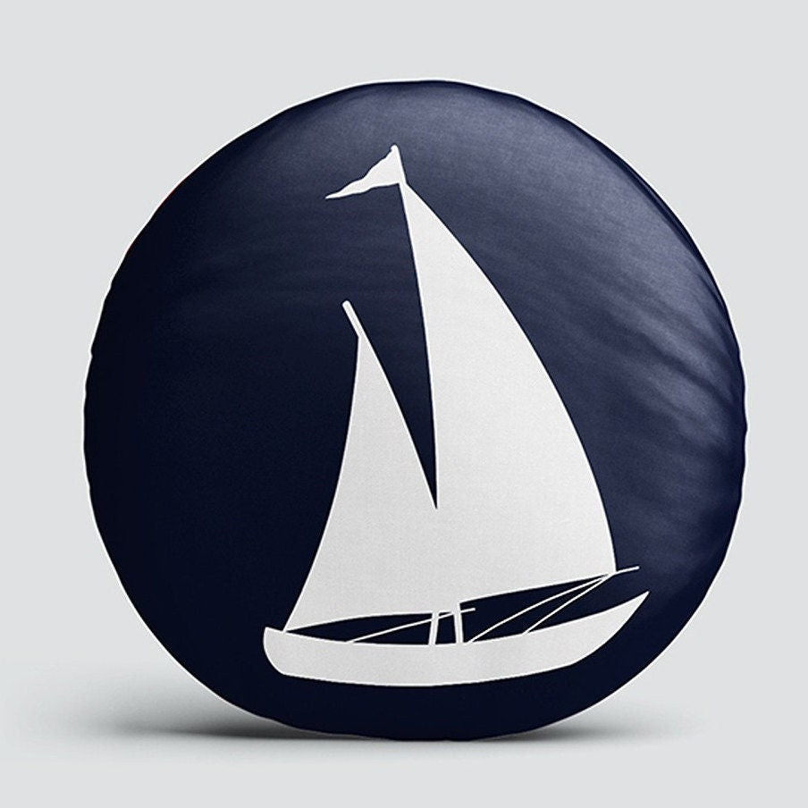 Set of 4 Nautical Round Pillow Case|Navy Blue Anchor Compass Wheel Boat Circle Pillowtop|Decorative Beach House Cushion|Round Cushion Cover
