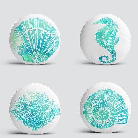 Set of 4 Nautical Round Pillow Case|Turquoise Oyster Seahorse Coral Seashell Circle Pillow Cover|Decorative Beach House Round Cushion Cover