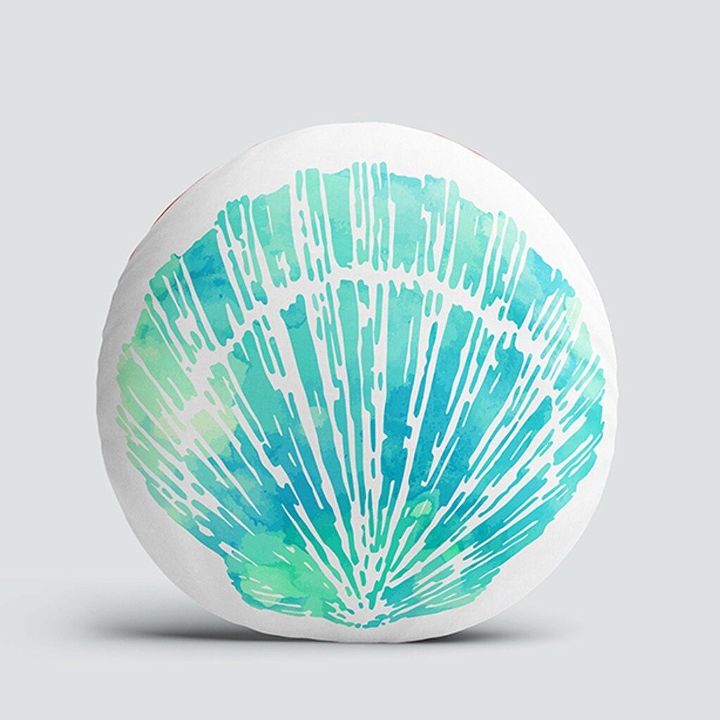 Set of 4 Nautical Round Pillow Case|Turquoise Oyster Seahorse Coral Seashell Circle Pillow Cover|Decorative Beach House Round Cushion Cover