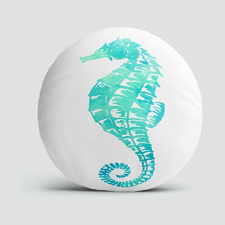 Set of 4 Nautical Round Pillow Case|Turquoise Oyster Seahorse Coral Seashell Circle Pillow Cover|Decorative Beach House Round Cushion Cover
